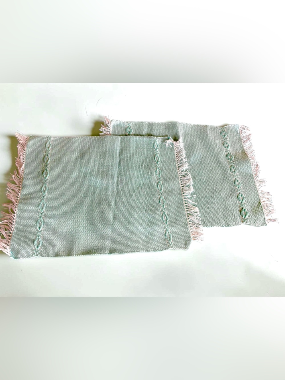 Vintage Woven Placemats Set of 4 Pastel Aqua Pink Fringe Table Linens